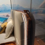 Soft Beige Upholstered Bed with Natural Wood Veneer Trim & Integrated Ambient Lighting